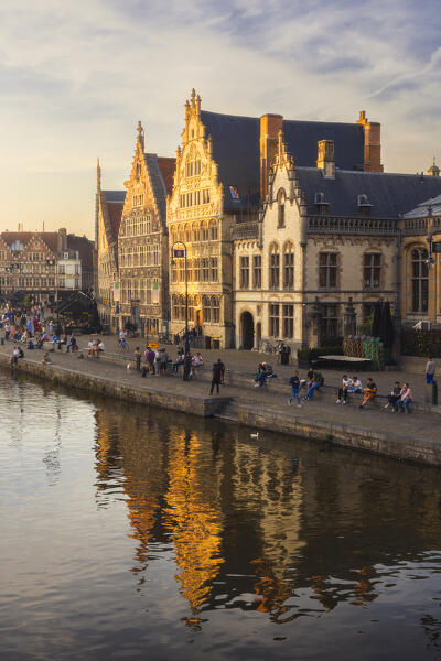 Graslei along Lys river with its beautiful Guil Houses during sunset, Gand, Belgium, East Flanders, Flanders, Western Europe