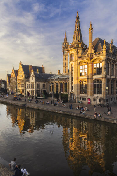 Graslei along Lys river with its beautiful Guil Houses during sunset, Gand, Belgium, East Flanders, Flanders, Western Europe