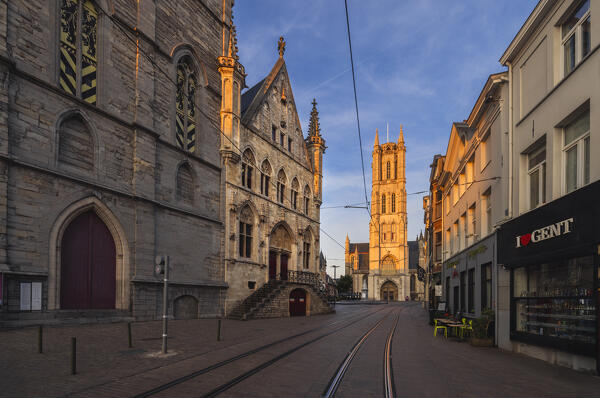 Sint Baafskathedraal during sunset, Gand, Belgium, East Flanders, Flanders, Western Europe