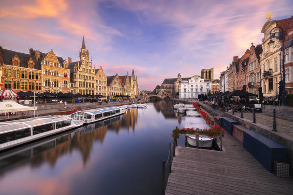 The view from Grasbrug bridge of Graslei and Korenlei during sunset, Gand, Belgium, East Flanders, Flanders, Western Europe