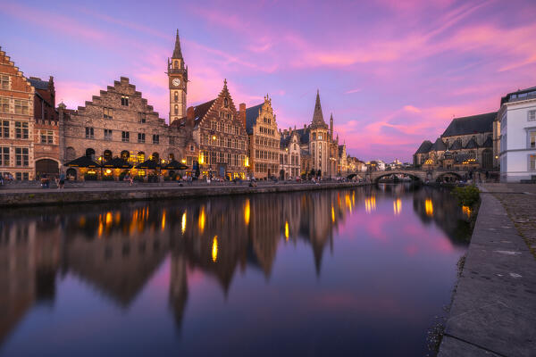 Graslei along Lys river with its beautiful illuminated Guil Houses during dusk, Gand, Belgium, East Flanders, Flanders, Western Europe