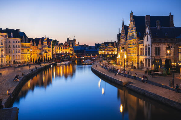 The view from St. Michael’s Bridge of Graslei and Korenlei during sunset, Gand, Belgium, East Flanders, Flanders, Western Europe