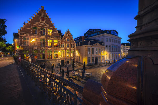 Illuminated Guil Houses from St. Michael’s Bridge during night, Gand, Belgium, East Flanders, Flanders, Western Europe