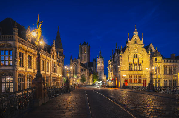 The view from St. Michael’s Bridge of illuminated Belfort, St. Nicolas Church and St. Bavone Cathedral during night, Gand, Belgium, East Flanders, Flanders, Western Europe