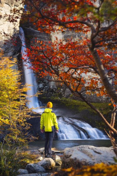 A tourist observes Chorrillo del Salto waterfall framed by autumn trees, El Chalten, Parque Nacional Los Glaciares, Santa Cruz, Patagonia Argentina, Argentina, South America