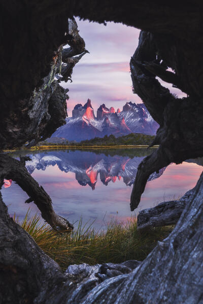 Lake Pehoe and Cuernos del Paine in the background during sunrise, Torres del Paine NP, Ultima Esperanza, Region de Magallanes y de la Antartica Chilena, Patagonia, Chile, South America