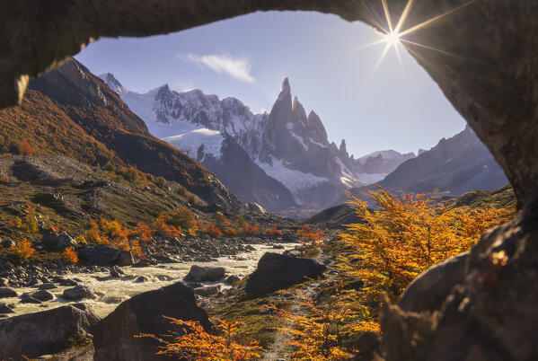 Cerro Torre mountain during sunset on the way to Laguna Torre, El Chalten, Parque Nacional Los Glaciares, Santa Cruz, Patagonia Argentina, Argentina, South America