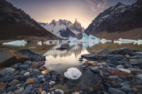 Cerro Torre mountain during sunset from Laguna Torre, El Chalten, Parque Nacional Los Glaciares, Santa Cruz, Patagonia Argentina, Argentina, South America