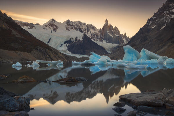 Cerro Torre mountain during sunset from Laguna Torre, El Chalten, Parque Nacional Los Glaciares, Santa Cruz, Patagonia Argentina, Argentina, South America