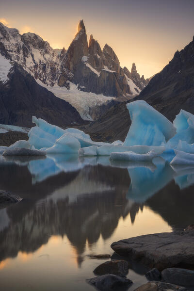 Cerro Torre mountain during sunset from Laguna Torre, El Chalten, Parque Nacional Los Glaciares, Santa Cruz, Patagonia Argentina, Argentina, South America