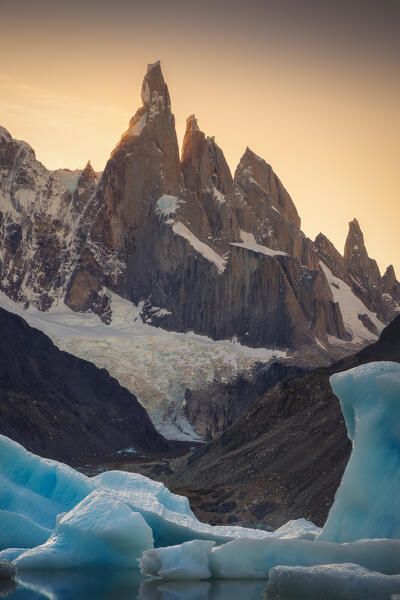 Cerro Torre mountain during sunset from Laguna Torre, El Chalten, Parque Nacional Los Glaciares, Santa Cruz, Patagonia Argentina, Argentina, South America