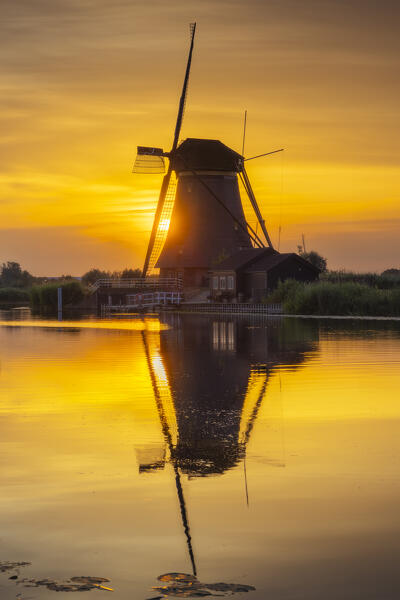 A windmill in Kinderdijk during sunset in summer, Molenlanden, Netherlands, South Holland, Western Europe
