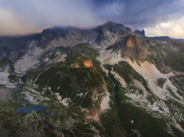 Panoramic and aerial view of Grand Adret at sunset during summer, Provence Alps Cote d’Azur, Haute Alps, Vallee Etroite, France, Europe