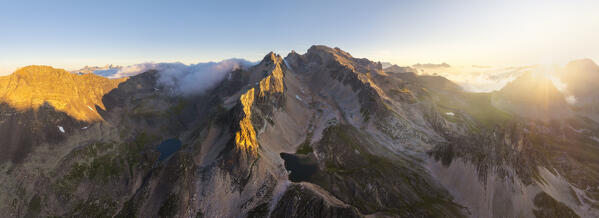 Panoramic and aerial view of Mont Thabor and Grand Serù at sunrise during summer, Provence Alps Cote d’Azur, Haute Alps, Vallee Etroite, France, Europe