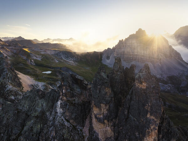 Aerial view of Grand Adret and Grand Serù at sunrise during summer, Provence Alps Cote d’Azur, Haute Alps, Vallee Etroite, France, Europe