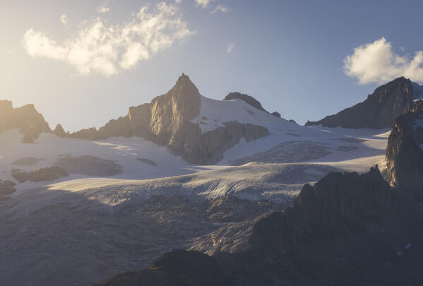 View of Rotstock at sunset from Moosfluh viewpoint at Aletsch glacier, Riederalp, Canton of Valais, Oriental Raron, Switzerland, Western Europe