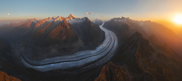 Panoramic and aerial view of Aletsch glacier during sunrise in summer, Riederalp, Canton of Valais, Oriental Raron, Switzerland, Western Europe