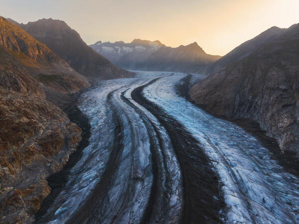 Aerial view of Aletsch glacier during sunrise in summer, Riederalp, Canton of Valais, Oriental Raron, Switzerland, Western Europe