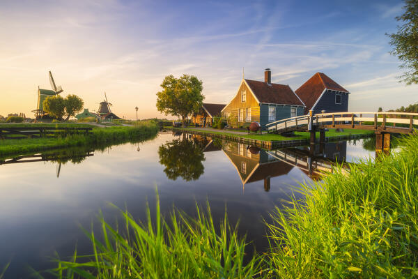 A typical house in Zaanse Schans during sunset in summer, Zaandam, Zaanstad, Netherlands, North Holland, Western Europe