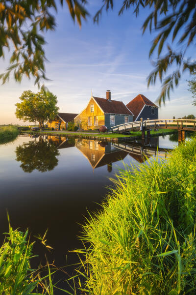 A typical house in Zaanse Schans during sunset in summer, Zaandam, Zaanstad, Netherlands, North Holland, Western Europe