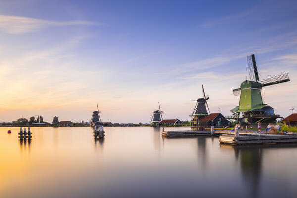 Windmills of Zaanse Schans during sunset in summer, Zaandam, Zaanstad, Netherlands, North Holland, Western Europe