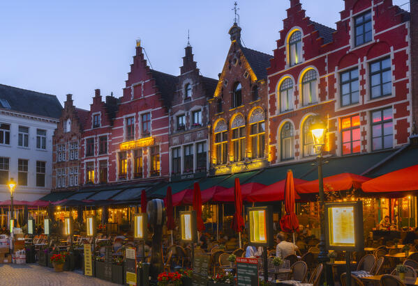 Typical houses in the Markt of Bruges during blue hour, Belgium, West Flanders, Flanders, Western Europe