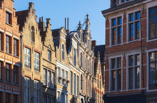 Typical houses in the Markt of Bruges during sunset, Belgium, West Flanders, Flanders, Western Europe