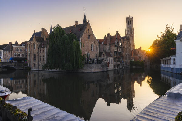 Romantic view from Rosary Qay of Bruges during sunset, Belgium, West Flanders, Flanders, Western Europe