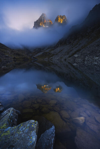 Monviso reflected in Fiorenza Lake during sunset, Crissolo, Cuneo, Piedmont, Italy, Southern Europe