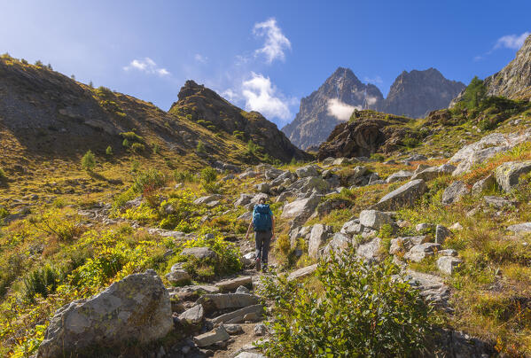 A trekker walks towards Lake Fiorenza in front of Monviso, Crissolo, Cuneo, Piedmont, Italy, Southern Europe