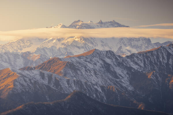 View of Monte Rosa from Mottarone at sunset during winter, Mottarone, Verbano Cusio Ossola, Piedmont, Italy, Southern Europe