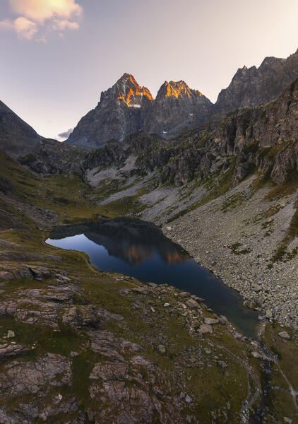 Aerial view of Fiorenza Lake in front of Monviso during sunset, Crissolo, Cuneo, Piedmont, Italy, Southern Europe