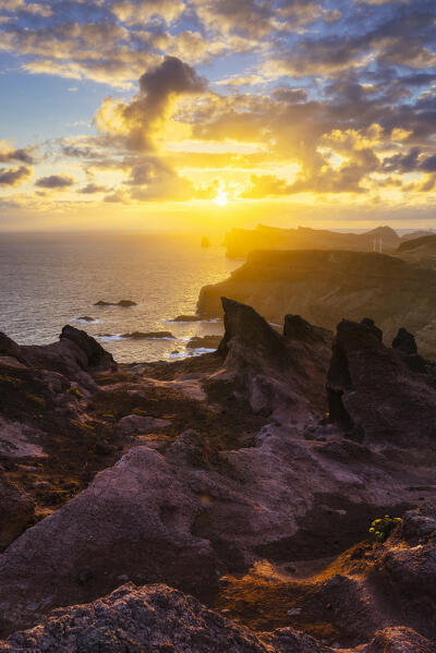 Sunrise over Sao Lourenco peninsula from Miradouro do Calhau da Furna do Bode, Madeira, Portugal, Western Europe