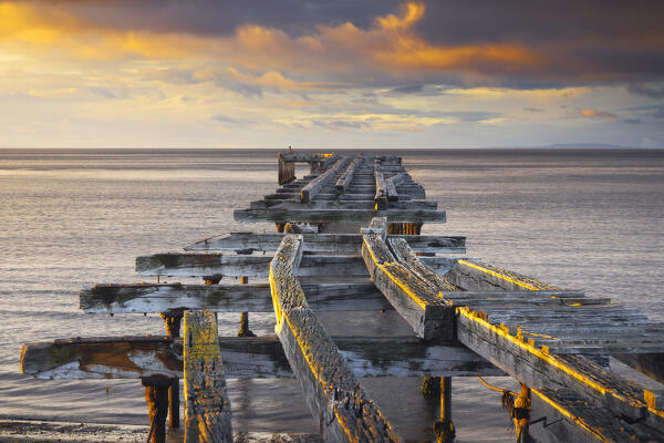 Strait of Magellan and Muelle Loreto Pier during sunrise , Punta Arenas, Magallanes, Region de Magallanes y de la Antartica Chilena, Patagonia, Chile, South America