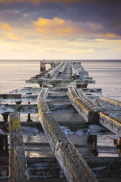 Strait of Magellan and Muelle Loreto Pier during sunrise , Punta Arenas, Magallanes, Region de Magallanes y de la Antartica Chilena, Patagonia, Chile, South America