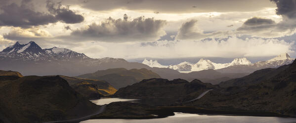 Panoramic and elevated view Torres del Paine NP  with Mountains in the background during sunset, Ultima Esperanza, Region de Magallanes y de la Antartica Chilena, Patagonia, Chile, South America
