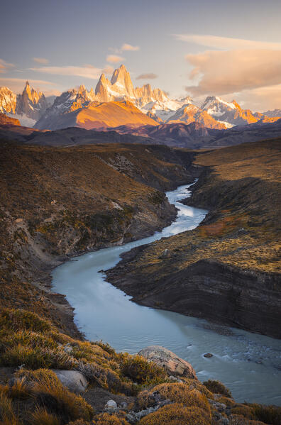 Elevated view of Fitz Roy mountain during sunrise and river, El Chalten, Parque Nacional Los Glaciares, Santa Cruz, Patagonia Argentina, Argentina, South America