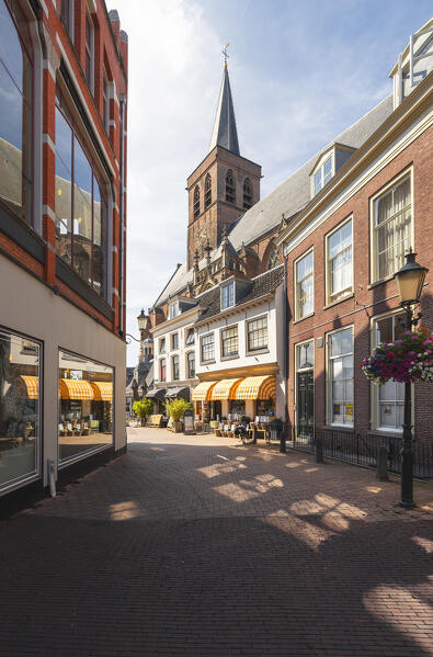 View of the tower of St. George's Church and houses in Amersfoort during summer, Amersfoort, Netherlands, Utrecht, Western Europe