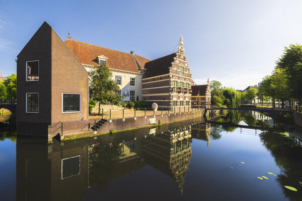 Museum Flehite reflected in the canal at sunset during summer, Amersfoort, Netherlands, Utrecht, Western Europe