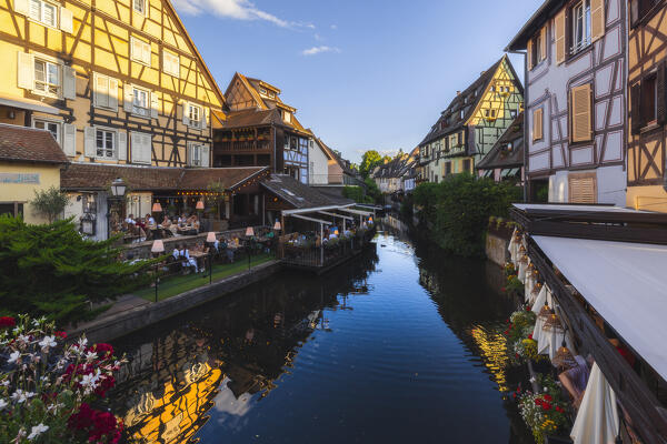View of Little Venice of Colmar during summer at sunset, Colmar, Alsace, Grand Est, Upper Rhine, France, Europe