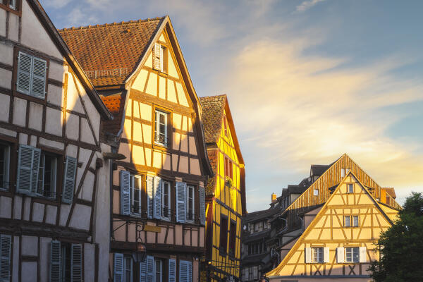 View of Little Venice of Colmar with its typical houses during summer at sunset, Colmar, Alsace, Grand Est, Upper Rhine, France, Europe