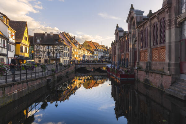 View of Little Venice of Colmar during summer at sunset from Pont Rue des Tanneurs, Colmar, Alsace, Grand Est, Upper Rhine, France, Europe