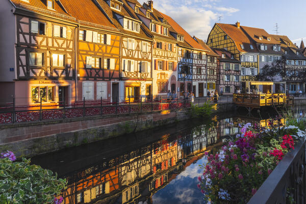 View of Little Venice of Colmar during summer at sunset, Colmar, Alsace, Grand Est, Upper Rhine, France, Europe