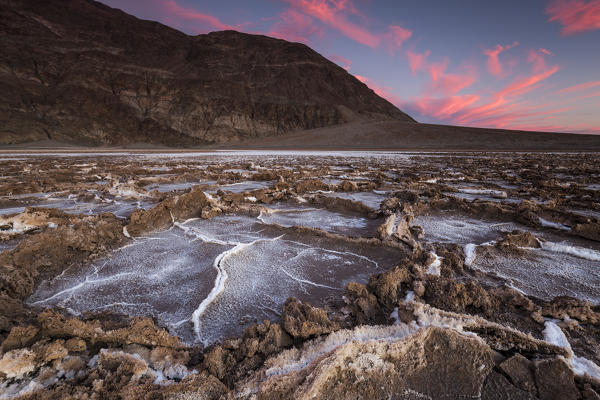Badwater Basin at sunset, Inyo County, Death Valley National Park, California, North America, USA