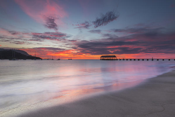 Sunset at Hanalei Bay Pier, Kaua'i, Hawaii, America, USA