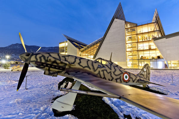 The Aermacchi 205 airplane and the Science Museum MUSE in Trento. Trentino Alto-Adige, Italy, Europe.