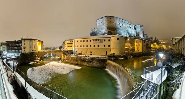 The medieval castle of Rovereto, home of the War Museum, and the Leno stream. Trento province, Trentino Alto-Adige, Italy, Europe.