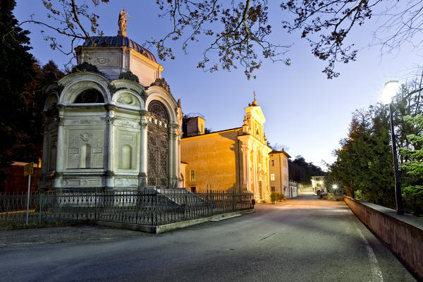 The sanctuary of the Madonna del Monte and the Tacchi mausoleum. Rovereto, Trento province, Trentino Alto-Adige, Italy, Europe.
