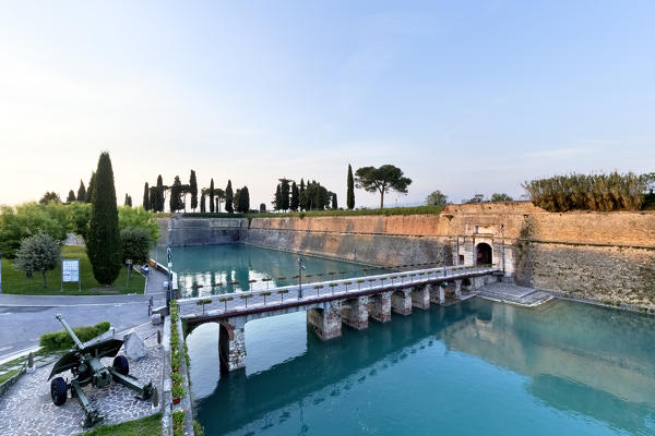 The entrance of Porta Brescia of the fortress of Peschiera del Garda. Verona province, Veneto, Italy, Europe.