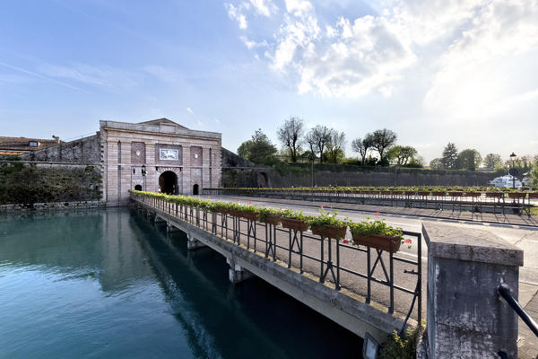The entrance of Porta Verona of the fortress of Peschiera del Garda. Verona province, Veneto, Italy, Europe.